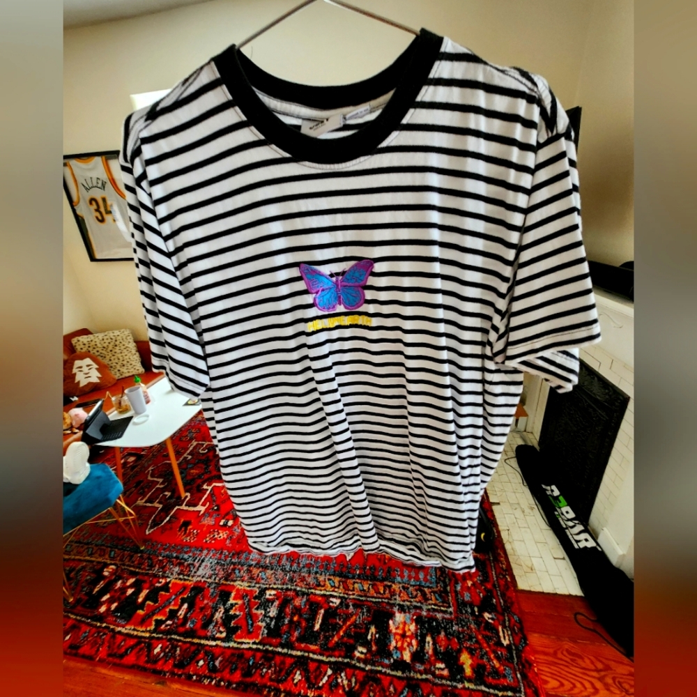 Obey Organic butterfly striped shirt. Men's large